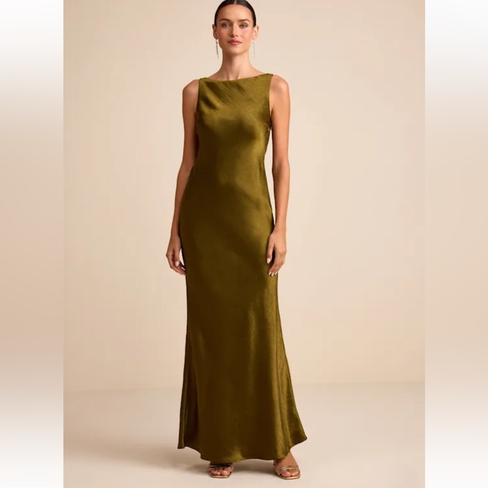 Lulus Janita Olive Satin Sleeveless Cowl Back Maxi Dress Green - Size XS - Picture 4 of 5